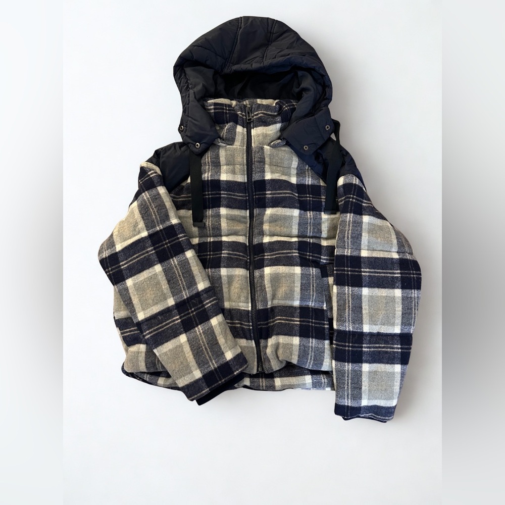 Zara Blue and Cream Plaid Puffer Jacket